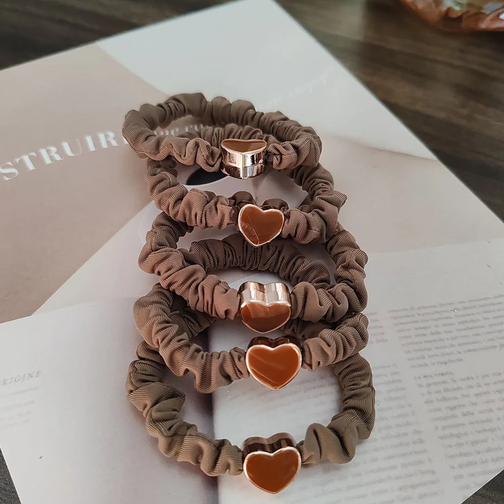 5PC European and American Cream Heart High Elasticity Hair Ties for Women Girls Ponytail Holder Hair Rings Rope Accessories - Clikcy