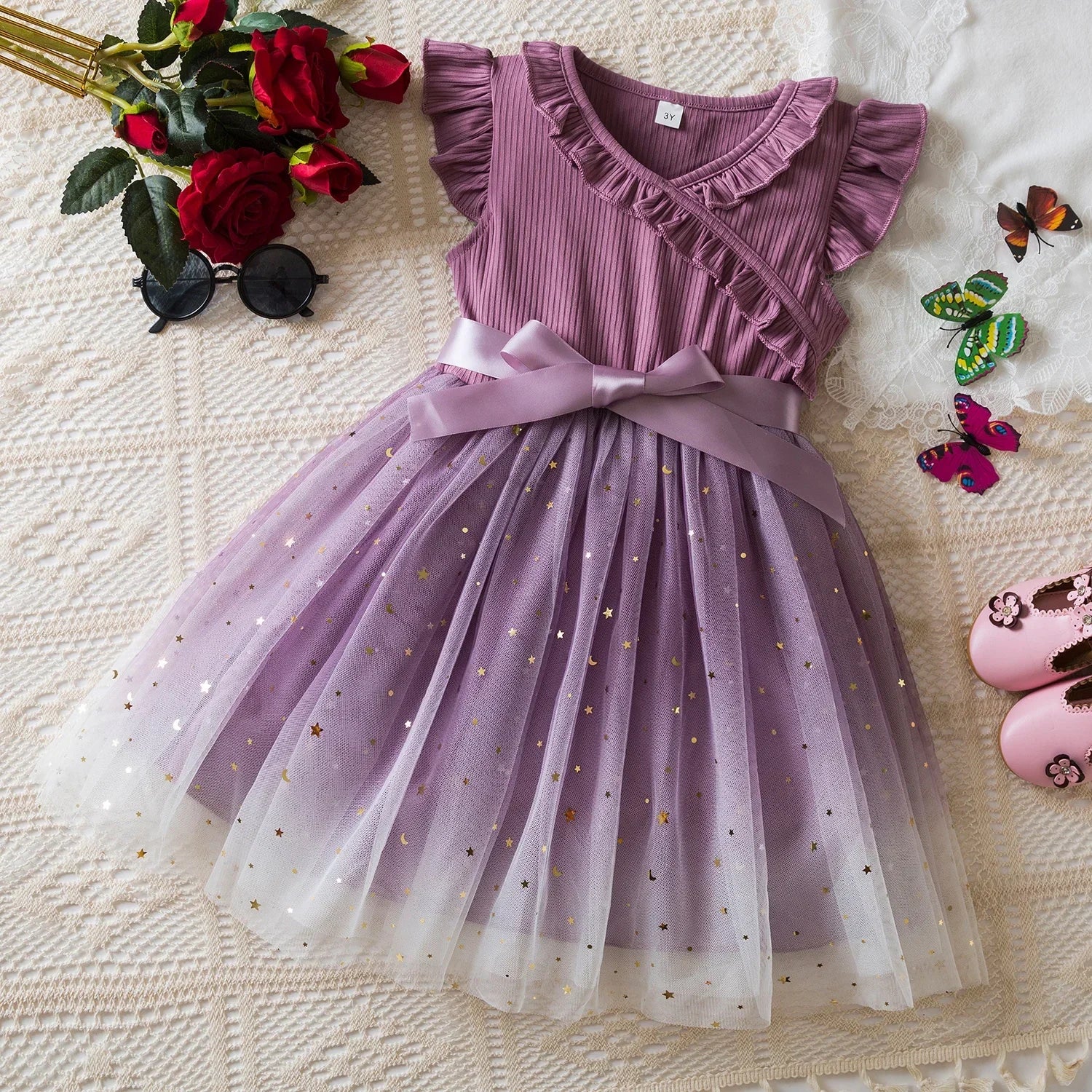 New Children's Dress for 3-8 Yrs Summer Dress Lotus Leaf Edge Design Bow Lace Up Star Sequin Sweet  Tulle Kids Dresses for Girls - Clikcy