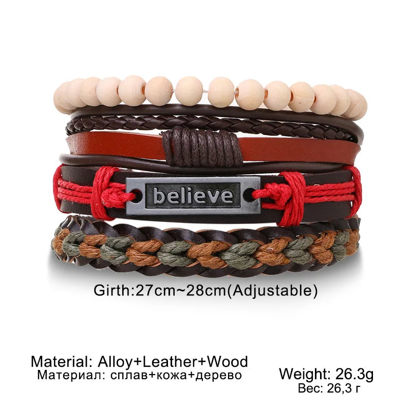 4Pcs/ Set Braided Wrap Leather Bracelets for Men Vintage Life Tree Rudder Charm Wood Beads Ethnic Tribal Wristband Rope Bracelet - Clikcy