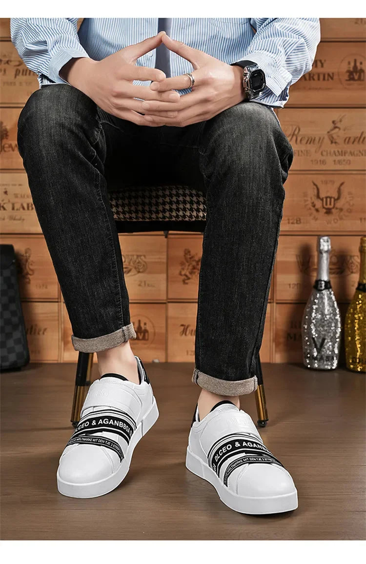 Original Design Leather Sneakers Men Trendy HOOK&LOOP Non-slip Men's Skateboard Shoes Fashion White Casual Sports Shoes For Men - Clikcy