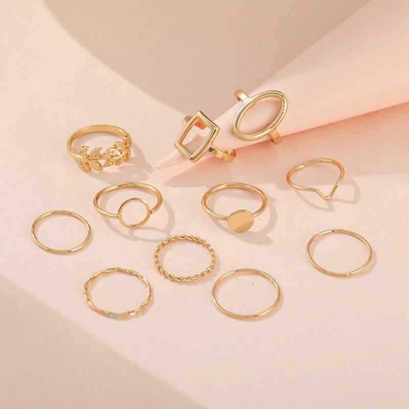 11 Pcs/Set Olive Branch Leaf Geometry Rings Set for Women Combination Creative Joint Ring Fashion Party Jewelry Gift - Clikcy
