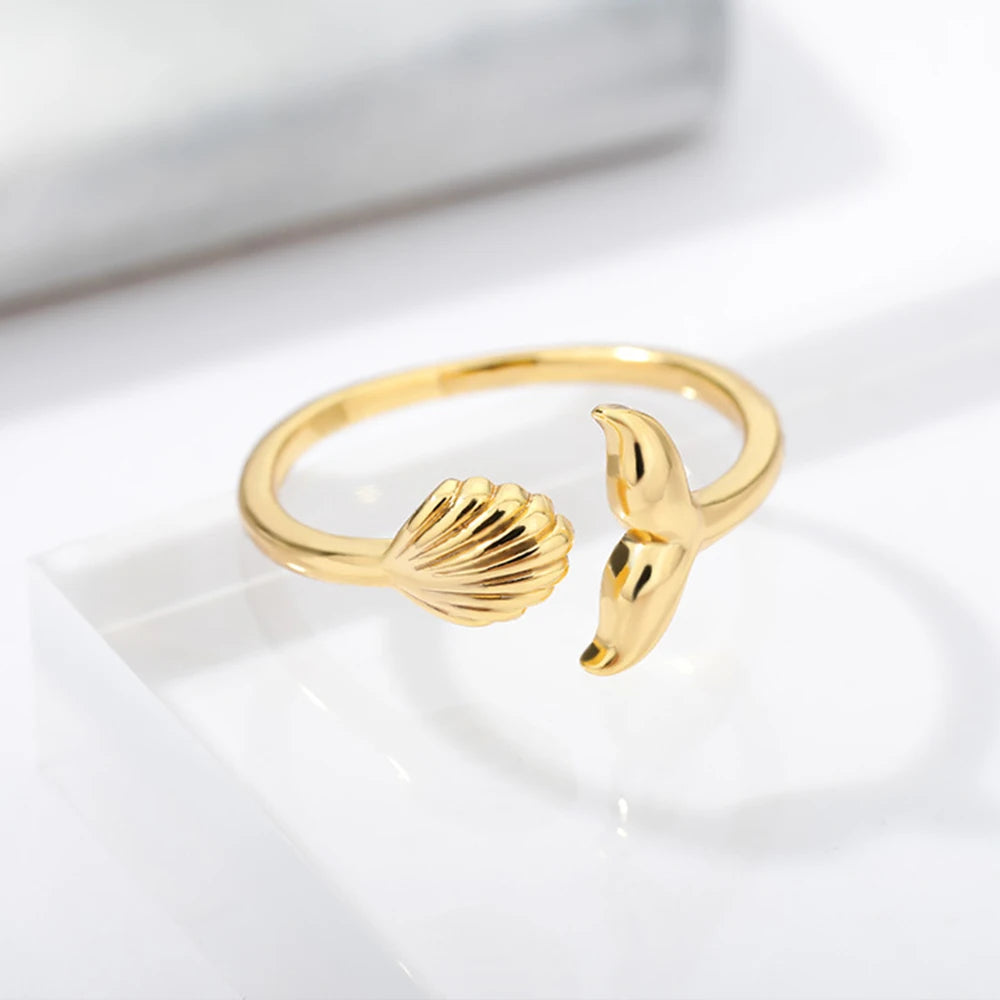 Ocean Starfish Shell Open Rings For Women Gold Color Stainless Steel Ring Summer Beach Aesthetic Waterproof Jewelry Gift - Clikcy