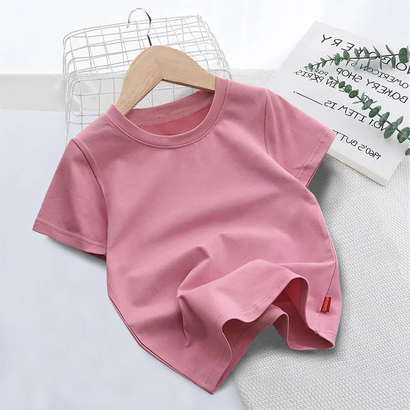 Summer Solid Color Children Cotton T-shirt for Boys Girls White Tops Tees Kids Clothes 2-10Y Student Casual Tee - Clikcy