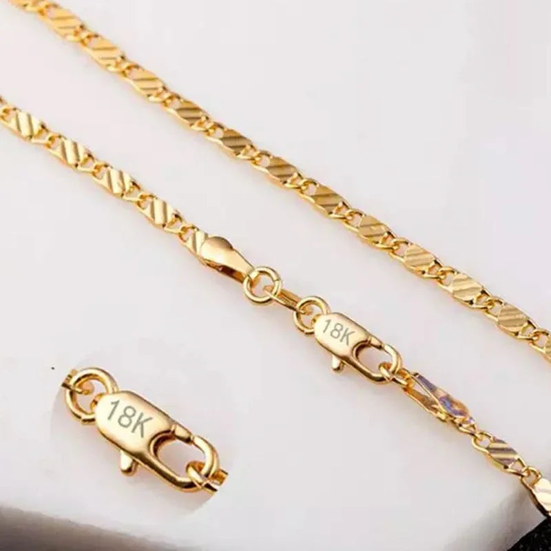 Fashion 18k Gold Necklace 2MM 16/18/20/22/24/26/28/30 Inch Side Chain Necklace For Women Men Jewelry 925 Silver Necklace - Clikcy