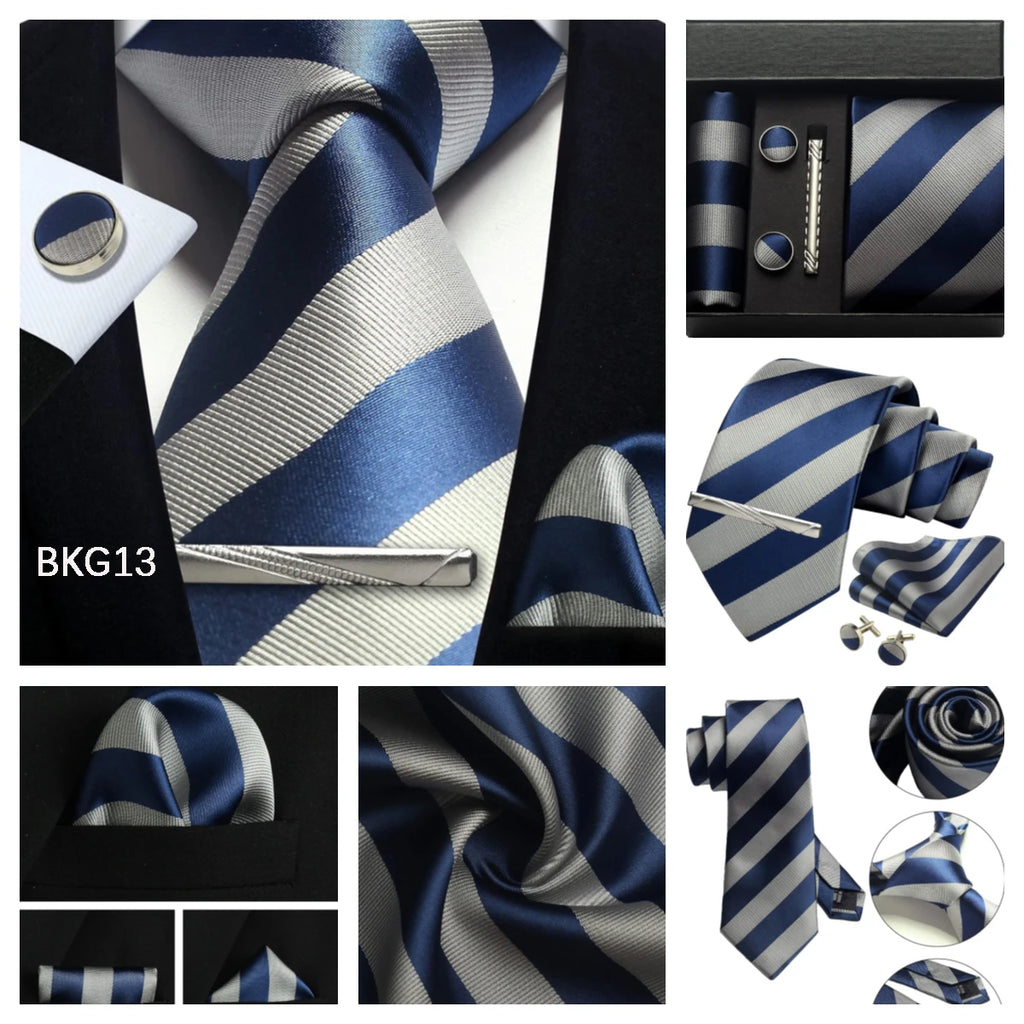 Classic 100% Silk Men's Ties In Gift box 8cm Plaid Dot Striped Business Necktie Handkerchief Cufflinks Wedding Party Tie Set - Clikcy