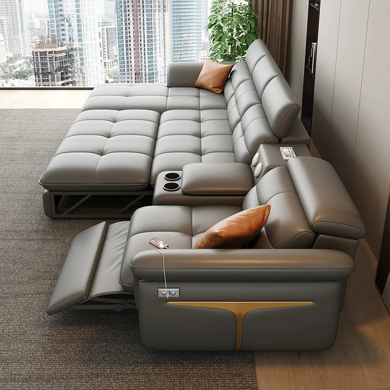 Modern Electric Recliner Sofa Bed with Adjustable Backrest, L-Shaped Multifunctional Italian Genuine Leather Sectional Couch - Clikcy