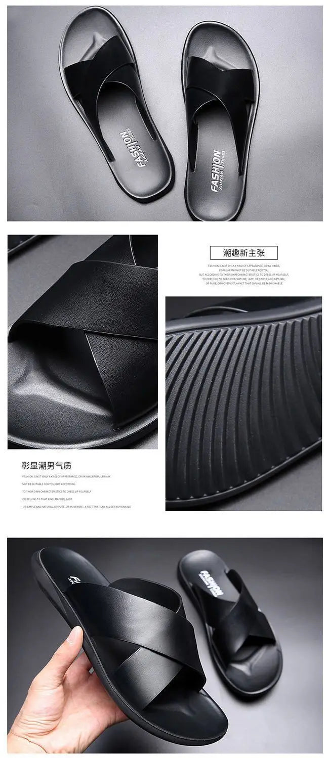 Slippers Men's Cross-Strap Slippers Flat Home Men Slippers Comfortable Soft Sole Leather Casual Shoes Bathroom Slipper Pantuflas - Clikcy