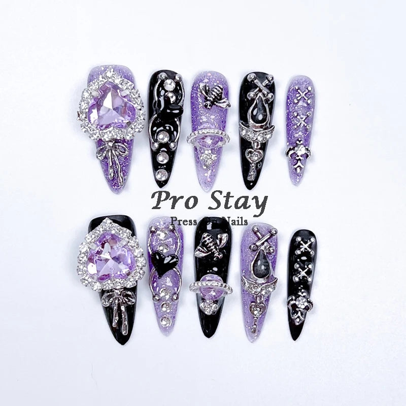 10Pcs Y2K Handmade Press On Nails Black Blue Heart Cross Designs for Parties Weddings Daily Wearable Artificial False Nail - Clikcy