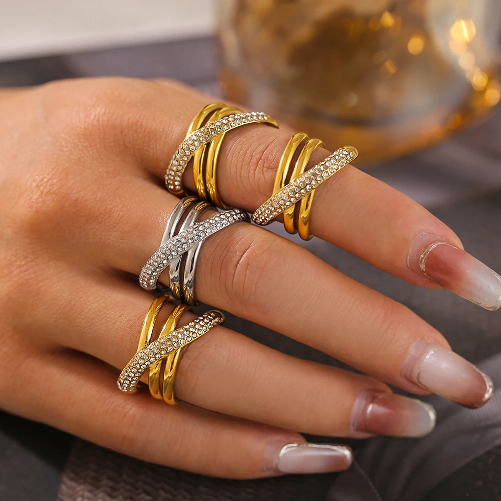 Chic Stainless Steel Rings for Women Inlaid CZ Women Rings Wedding Banquet Charm Rings Waterproof Gold Plated Jewelry - Clikcy