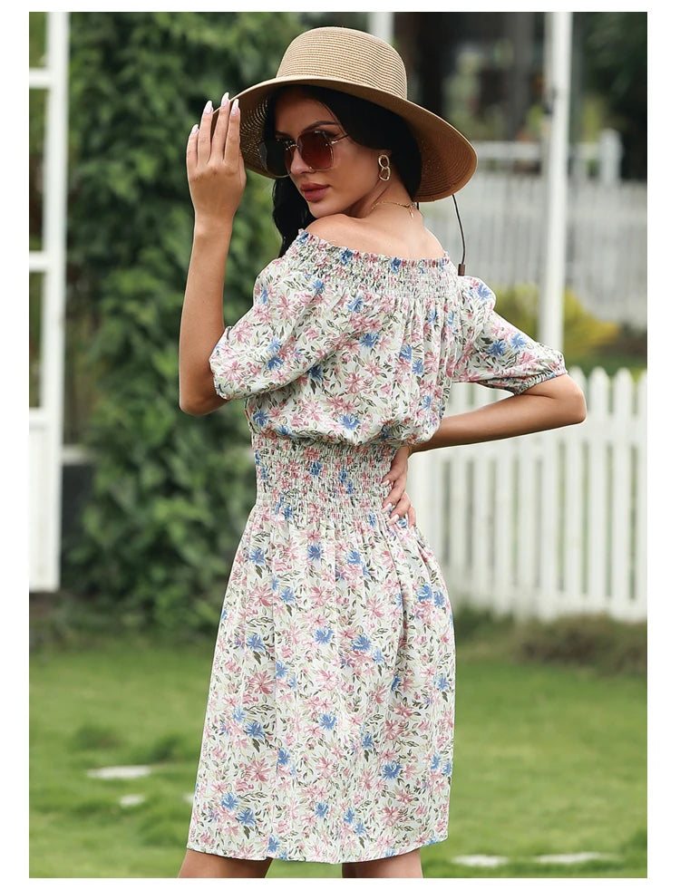 2025 Spring and Summer New Women's Random Printed Pullover Dress One Collar Midi Dress Beach Seaside Holiday - Clikcy