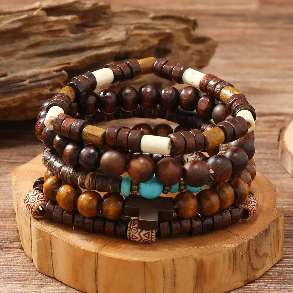 Cross Life Tree 5Pcs/set Vintage Bronze Ethnic Casual Wood Beads Feather Charm Leather Women Bracelets Men Male Jewelry - Clikcy