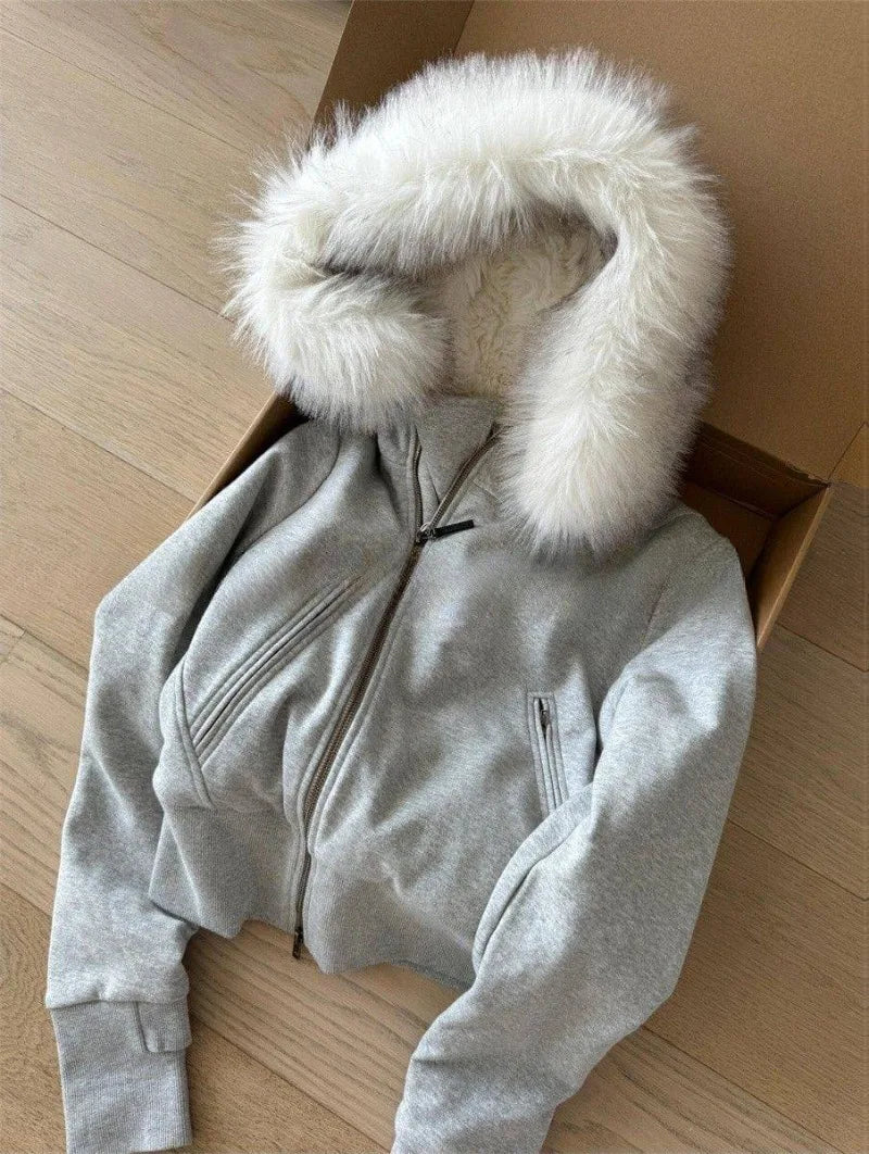 American Fashion Trend New Gray Padded Hooded Sweater Coat Female Y2K Harajuku Vintage Popular Casual Joker Zipper Cardigan - Clikcy