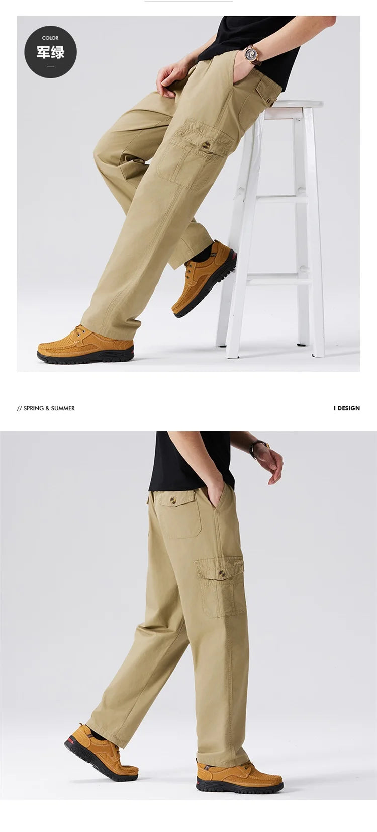 100% Cotton Men's Cargo Pants Straight Fit Loose Work Trouser Male Spring Summer High Waist Big Size Large Plus Elastic Pocket - Clikcy