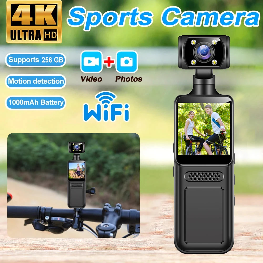 128GB 4K Ultra HD Action Mini Camera 180 Rotatable Vlog Wifi Sports Cam Waterproof Case Helmet Travel Bicycle Driver Recorder - Clikcy