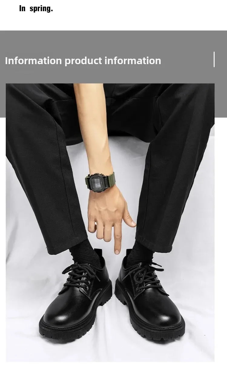 Casual Men's Pure Black Lace-up Height-increasing Business-style Low-heeled, Comfortable and Durable Small Leather Shoes