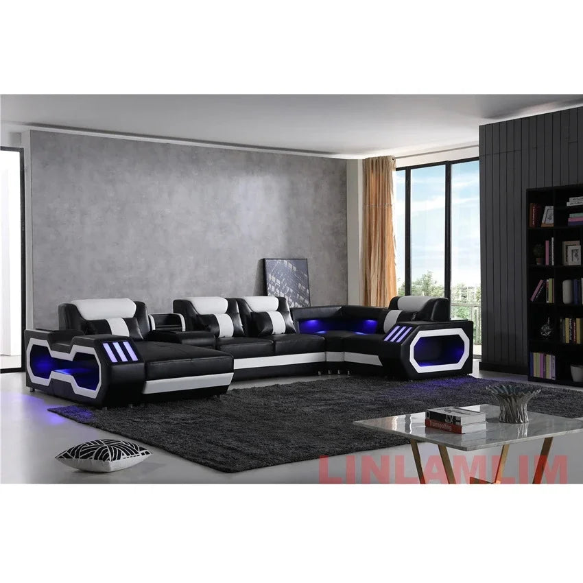 LED Lighted Sofa Set with Recliner, Speaker & USB Ports | Genuine Leather Sectional Couch with Console & Adjustable Headrests - Clikcy