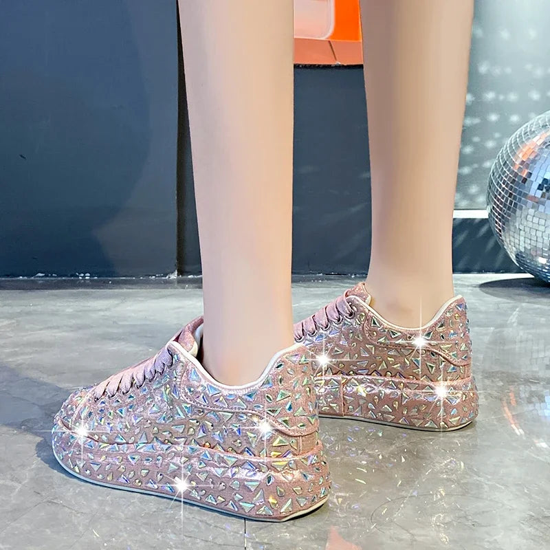 2025 Autumn Leather Women Shoes New Style Fashion Platform Shoes Ins Platforms Sneakers Tide Shine Bling Rhinestone Shoes - Clikcy