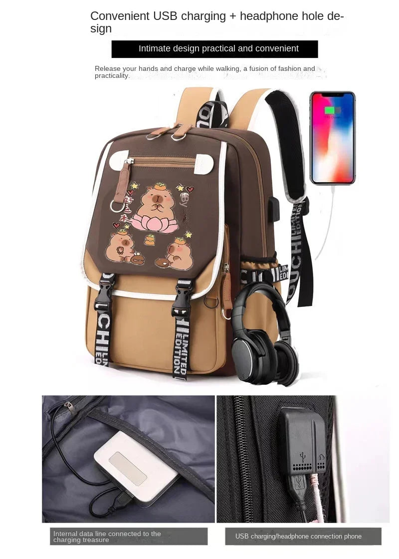 Stylish Kawaii Capybara Computer Backpack College School Casual Daypack Teens Bag Large Capacity Adjustable Strap Schoolbag - Clikcy