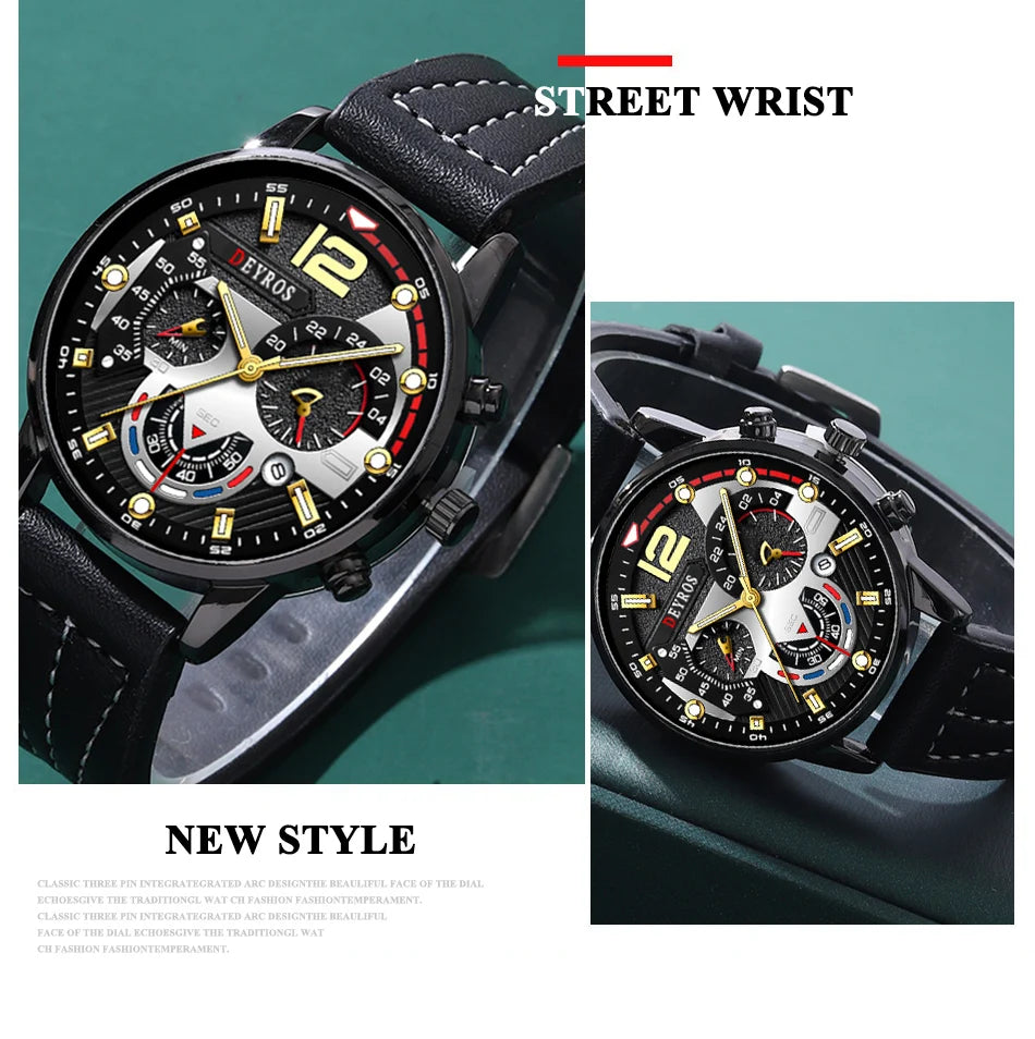 3PCS Set Fashion Mens Watches Luxury Black Leather Quartz Wristwatch Calendar Date Men Business Casual Watch Bracelet Necklace - Clikcy