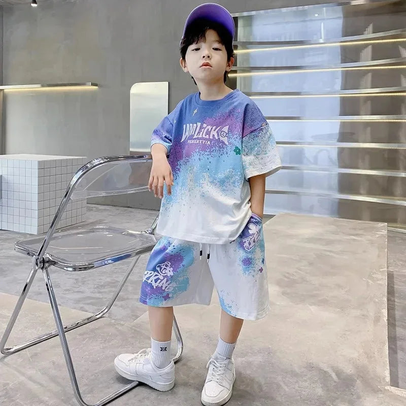 Boys Clothes Sets Teenager Summer Short-sleeved Suit New children's Gradient T-shirt+shorts 2Pcs Outfits Kids Casual Sports Set - Clikcy