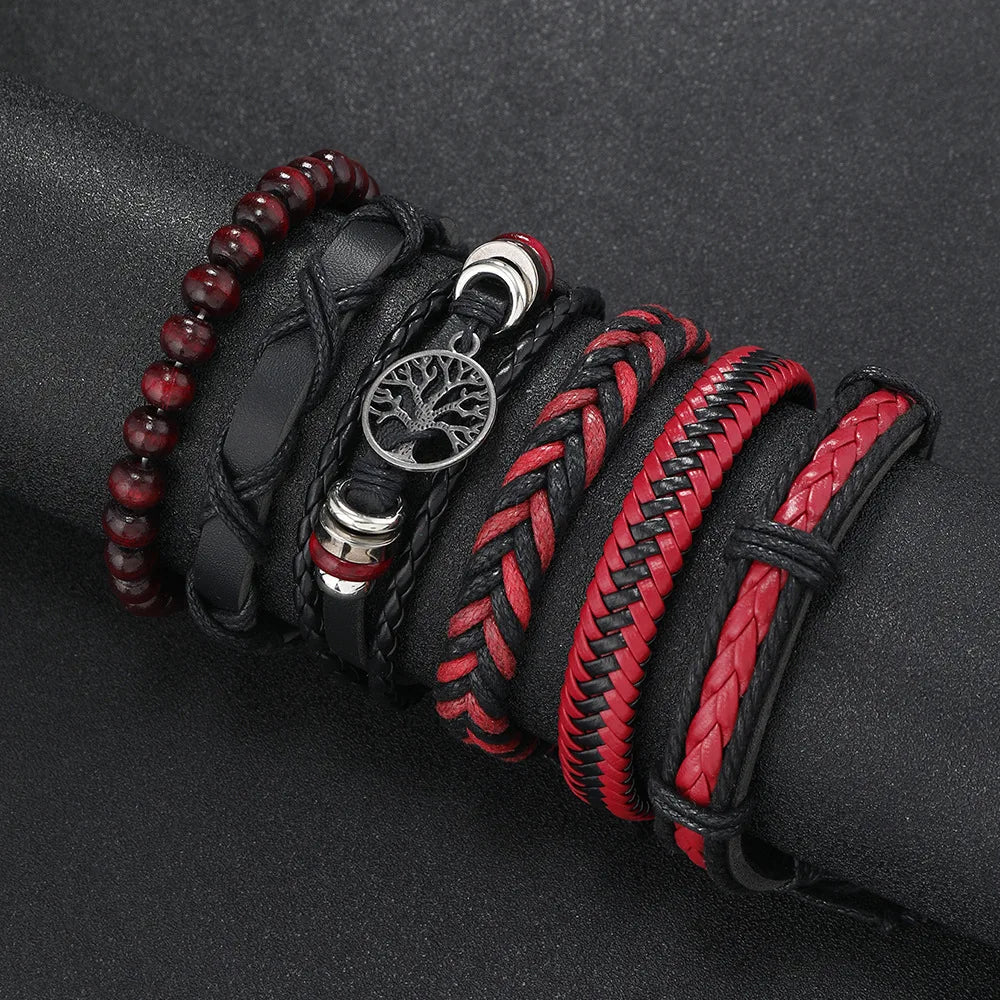 Red 6 Pc/set Tree Black Wrap Woven Handmade Wood Beads Bracelets Male Women Leather Bracelets Men Bangle Wholesale Jewelry Gift - Clikcy