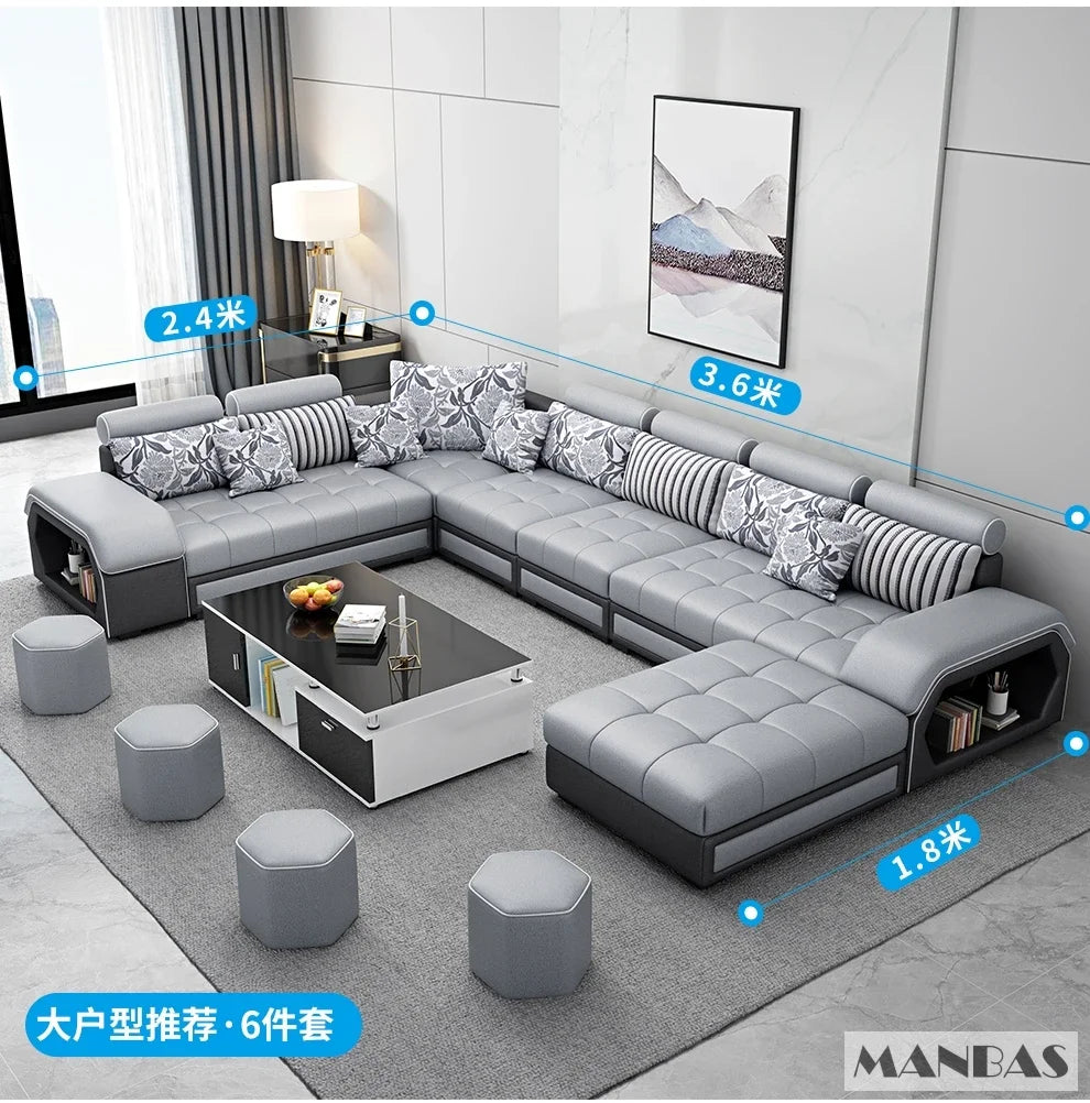 Linlamim Fabric Sofa Set Furniture Living Room Sofa Set with USB and Stools / Big U Shape Cloth Couch Sofas for Home Furniture - Clikcy