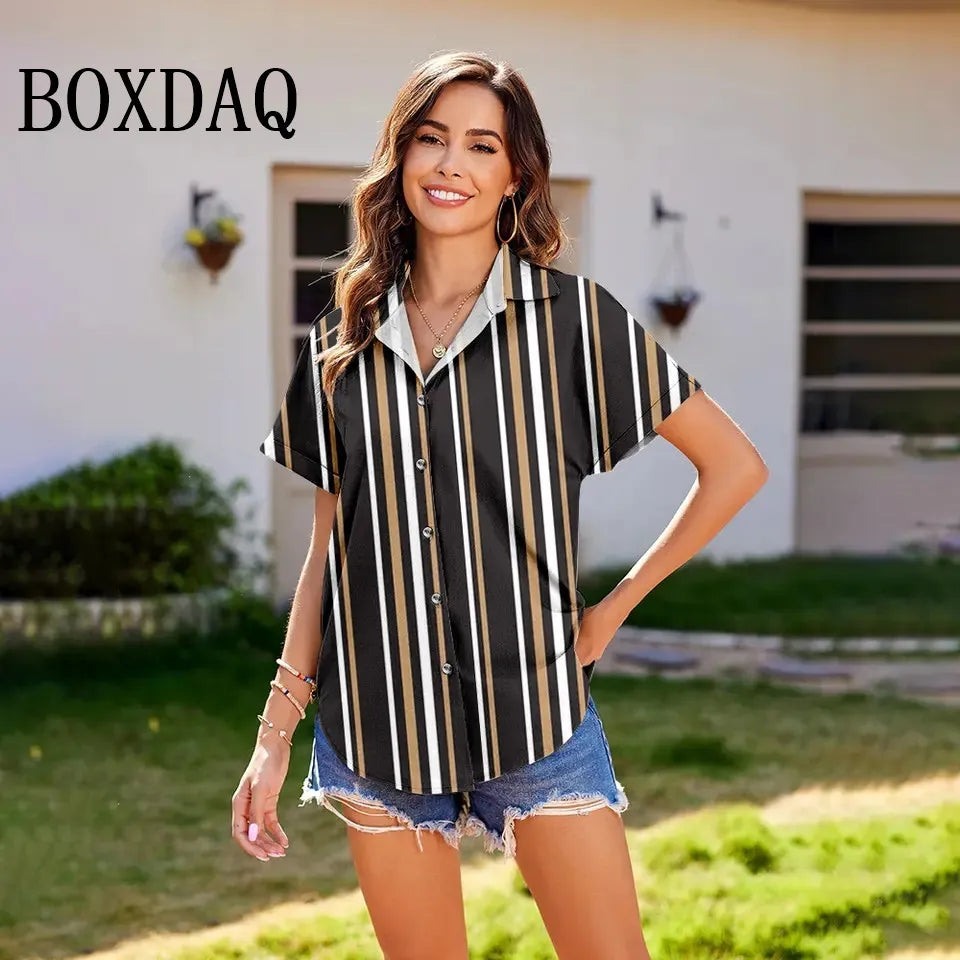 Summer Women'S Shirt Vintage Striped Lapel Blouses Women'S Plus-Size Loose Short Sleeve Tops Fashion Button Casual Blouse Shirt - Clikcy