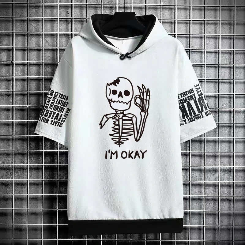 2024 Summer Men Clothing Men's Sweatshirts Korean Fashion Harajuku Short Sleeve Hoodies Men Streetwear Print Skulls Hoodies Men - Clikcy