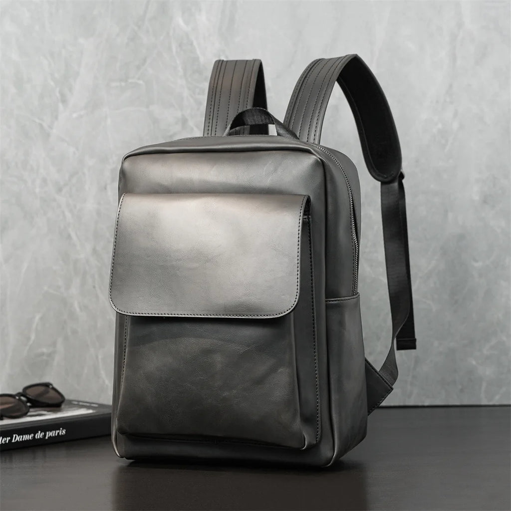 Retro Fashion Laptop Backpack Men Korean Style Flap Men's Backpacks High Quality PU Leather Travel Back Bag Student Schoolbags - Clikcy