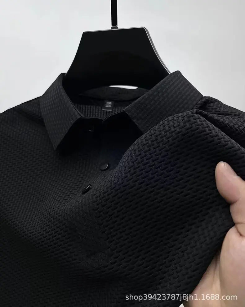 New style ice silk jacquard polo shirt short sleeve summer men's t-shirt casual business fashion stand collar t-shirt men - Clikcy