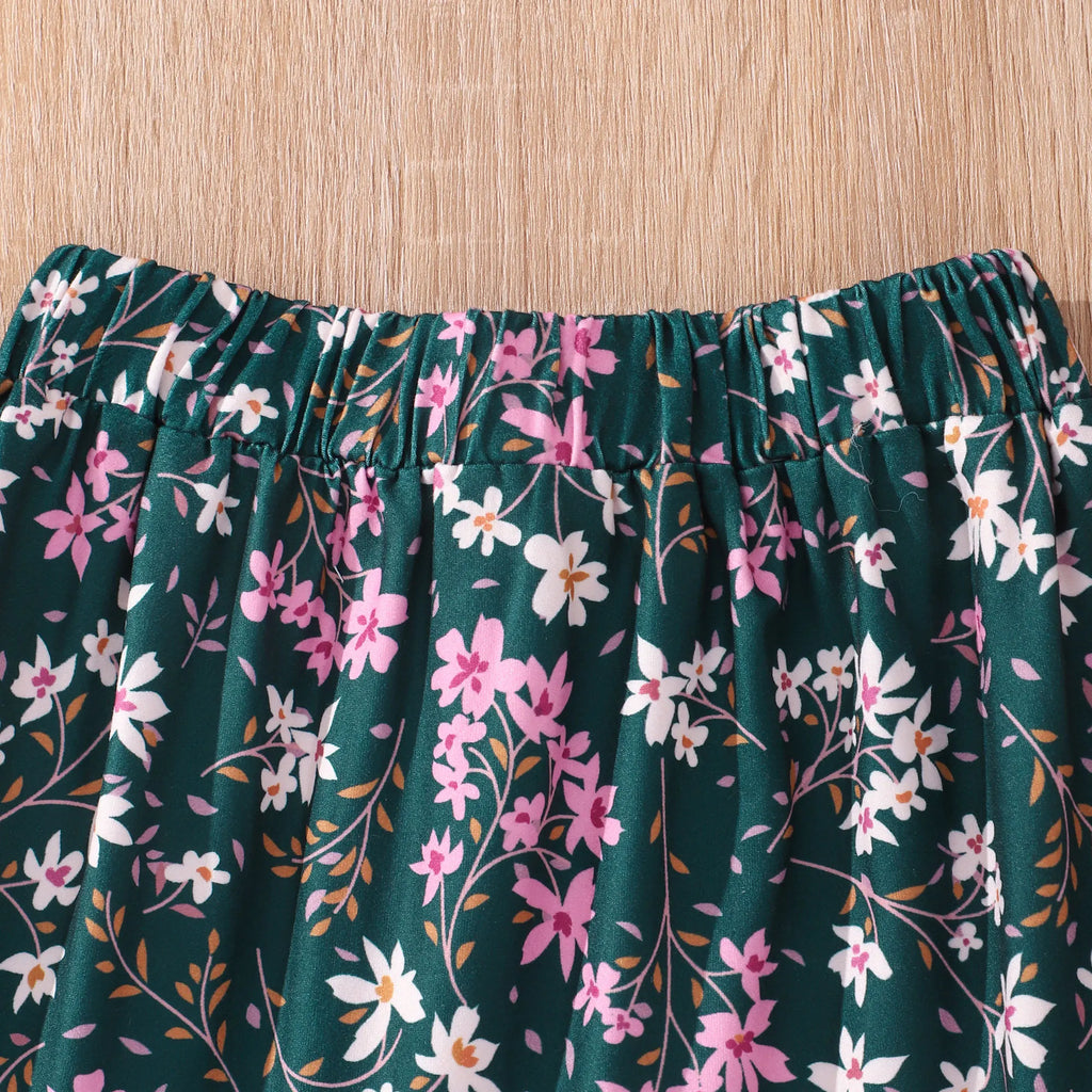 2pcs Girls Crop Cami Tops & Flowers Graphic Ruffled Hem Skirt Set Kids Summer Clothes - Clikcy