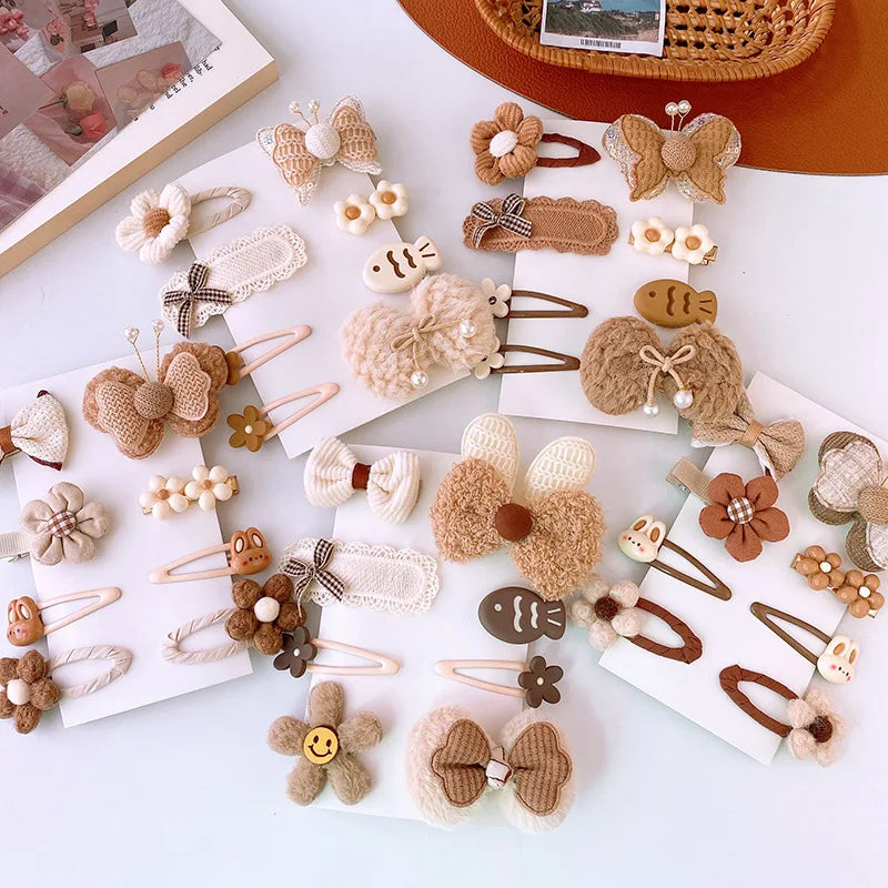 8pcs/set Sweet Girl Hair Clip Cartoon Bear Floral Bowknot Hair Pin for Toddler Girls Lovely Beige Coffee Color Kid baby Headwear - Clikcy