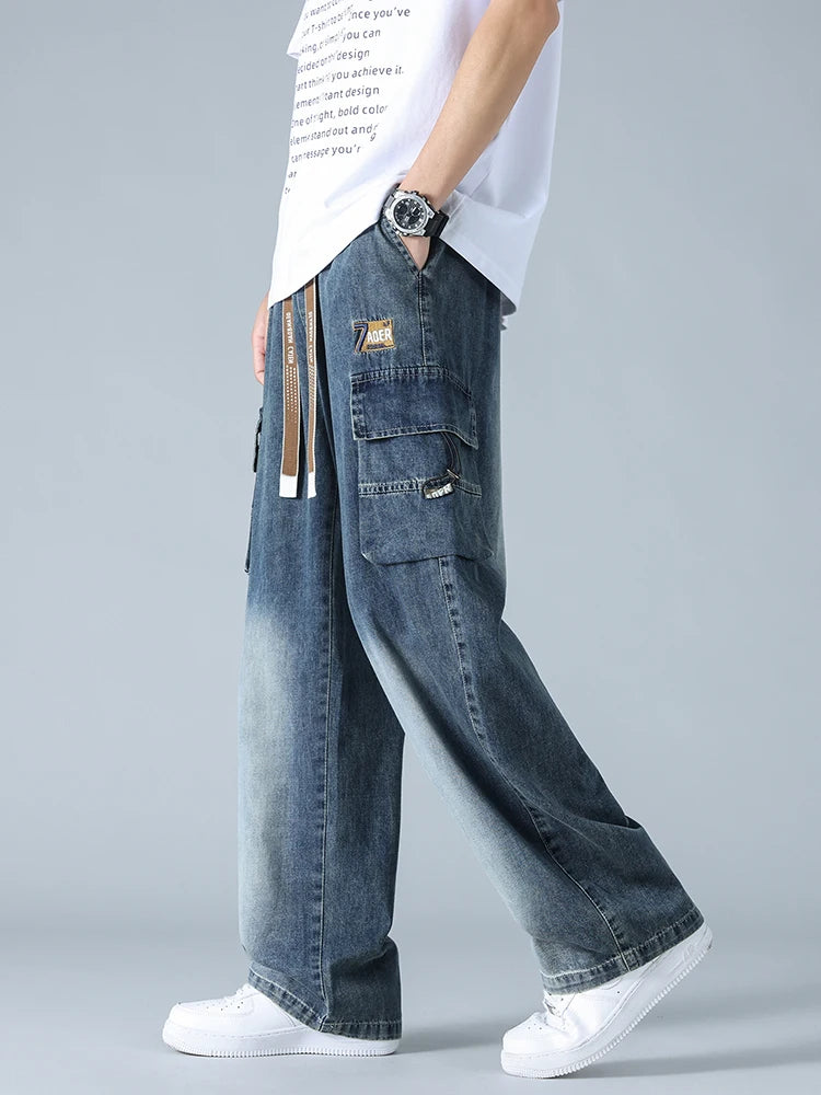 Summer Men's Straight Jeans Multi-Pockets Wide Leg Denim Cargo Pants 8XL 7XL 6XL Big Size Lightweight Baggy Jeans Trousers - Clikcy