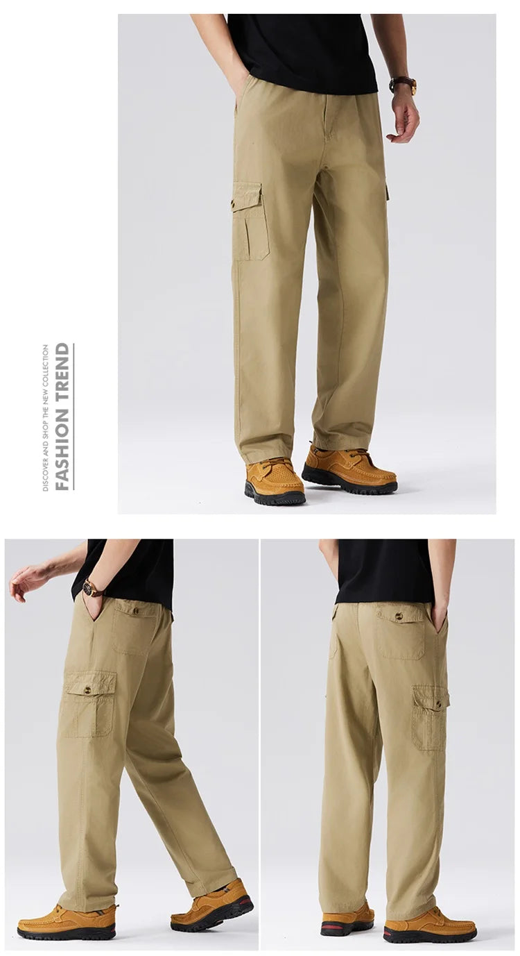 100% Cotton Men's Cargo Pants Straight Fit Loose Work Trouser Male Spring Summer High Waist Big Size Large Plus Elastic Pocket - Clikcy