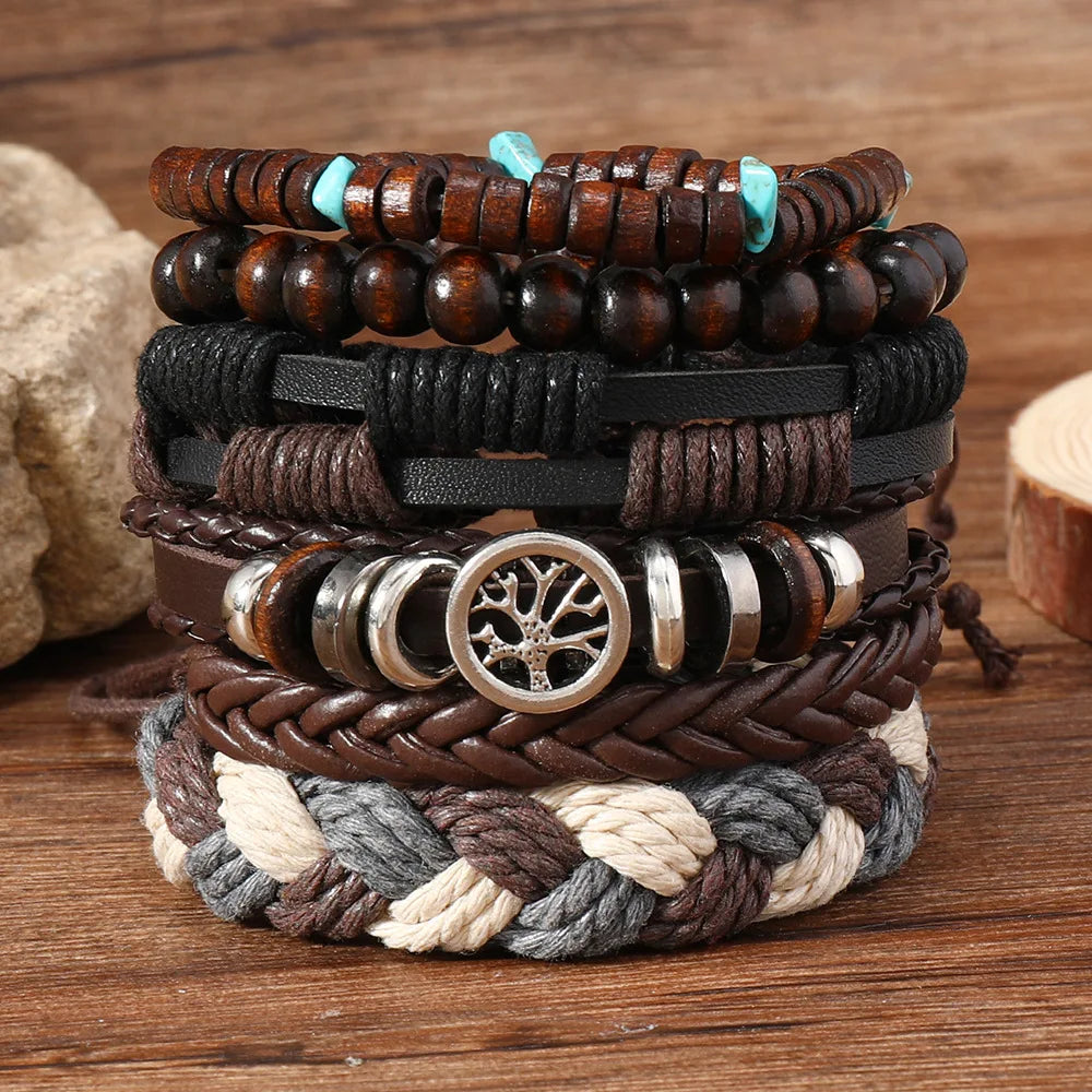 Red 6 Pc/set Tree Black Wrap Woven Handmade Wood Beads Bracelets Male Women Leather Bracelets Men Bangle Wholesale Jewelry Gift - Clikcy