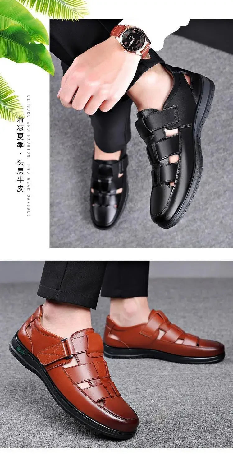 Summer New Men's Hollow up PU Leather Breathable Sandals Non-slip Flat Soft Bottom Handmade Trendy Design Shoes Men's Shoes - Clikcy