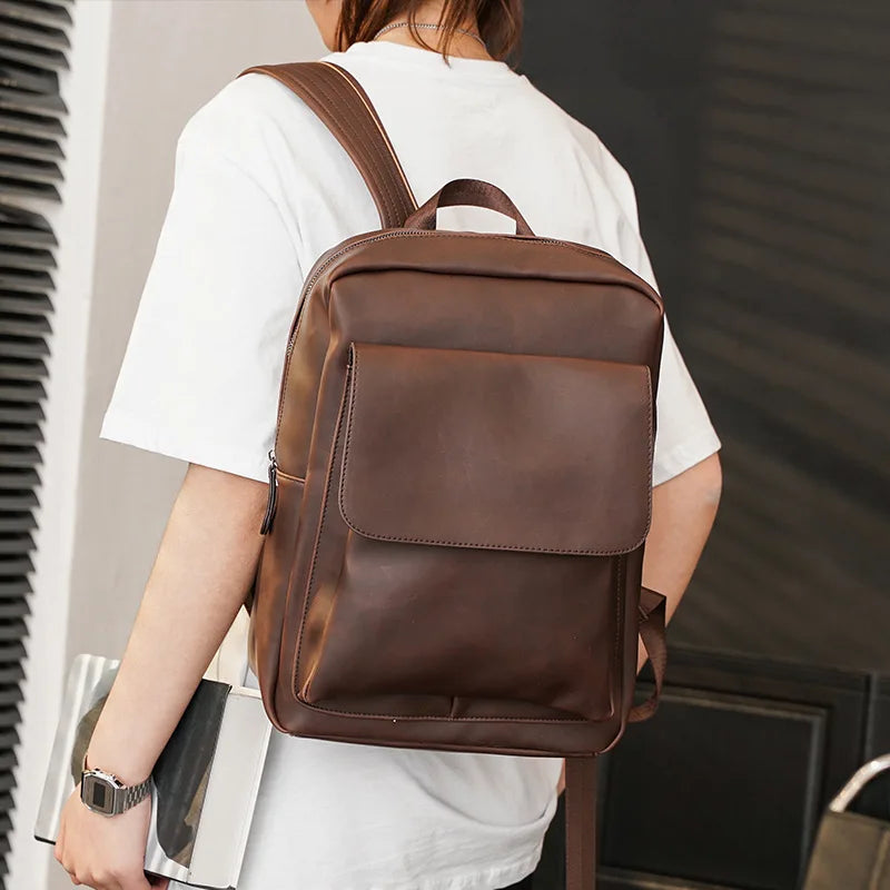 Retro Fashion Laptop Backpack Men Korean Style Flap Men's Backpacks High Quality PU Leather Travel Back Bag Student Schoolbags - Clikcy