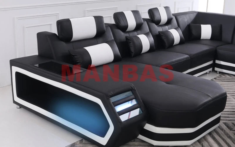 MANBAS Italian Genuine Leather Sectional Sofa with LED Lights | Futuristic Furniture U Shape Couch Living Room Big Sofas Set - Clikcy