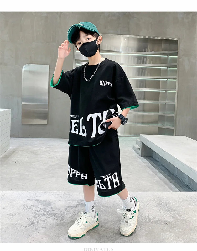 Children Summer Clothing Set For Boys Letter Print Sport Suit Kids Teenager Cotton Outfits Casual Short Sleeve Tracksuit Costume - Clikcy