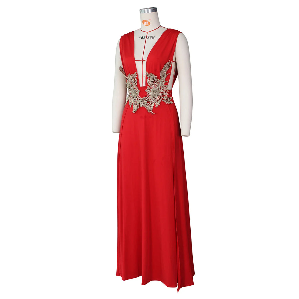 Sexy Deep V Neck High Split Evening Cocktail Maxi Dress Women Backless Embroidery Beading Long Formal Wedding Party Dress - Clikcy