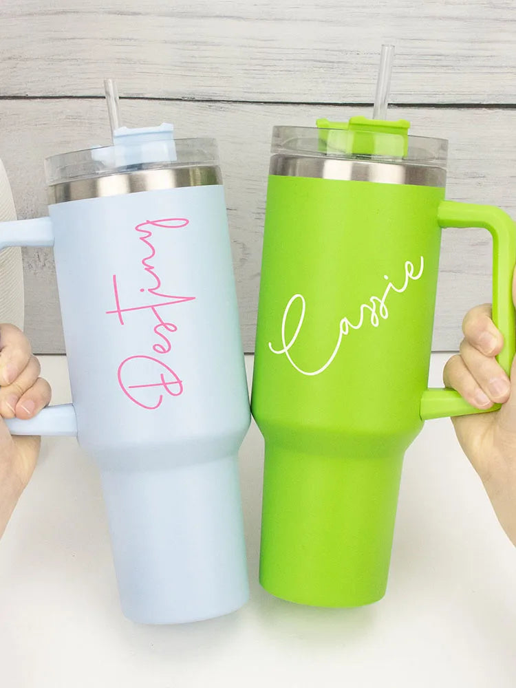 40oz Large Personalized Name Stanley Style Double Wall Insulated Cup Travel Bottle Rubber Hot Cold Mug With Straw - Clikcy