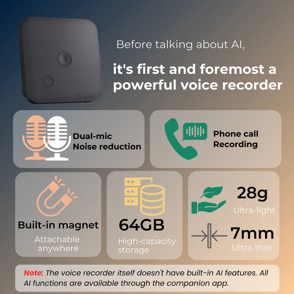AI-Powered Voice Recorder and Call Recorder with Speech-to-Text & Summarization, Supports 100 Languages, 64GB Storage - Clikcy