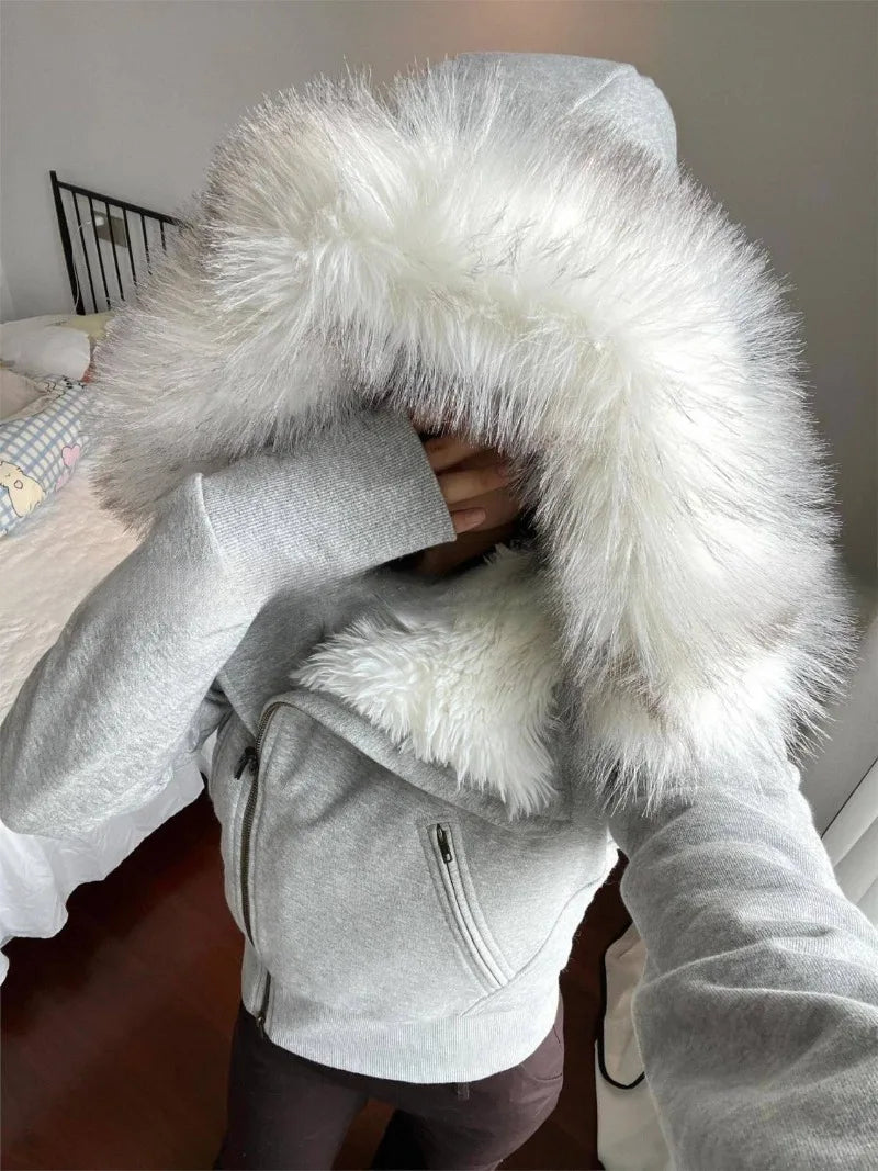 American Fashion Trend New Gray Padded Hooded Sweater Coat Female Y2K Harajuku Vintage Popular Casual Joker Zipper Cardigan - Clikcy