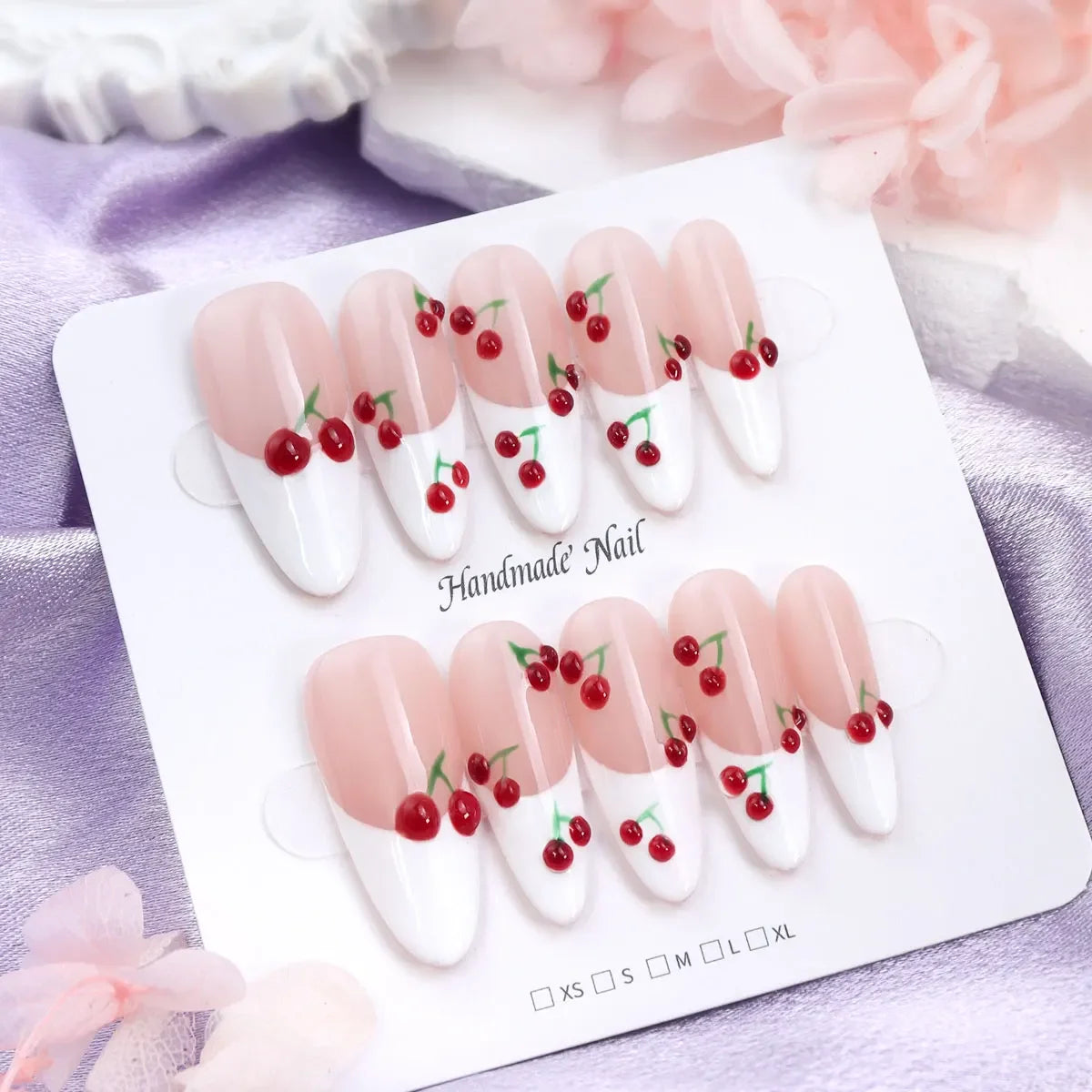 10pcs Y2K Removable Handmade Press on Nails Hand Painted Cherry Pattern Design Fake Nails Cute White Sweet Almond Patch Nail - Clikcy