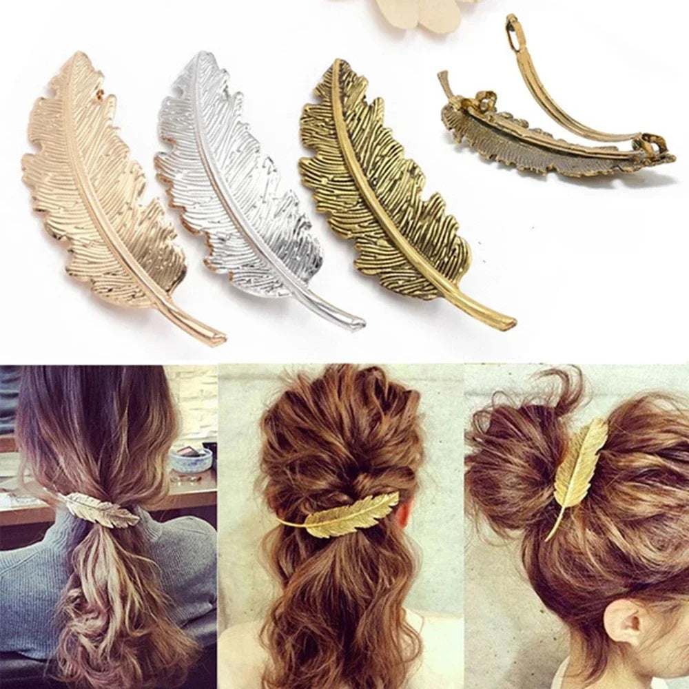 New Alloy Vintage Hair Clip Feather Leaf Shape Barrette Metal Hairpins for Women Korean Fashion Lady Headwear Hair Accessories - Clikcy