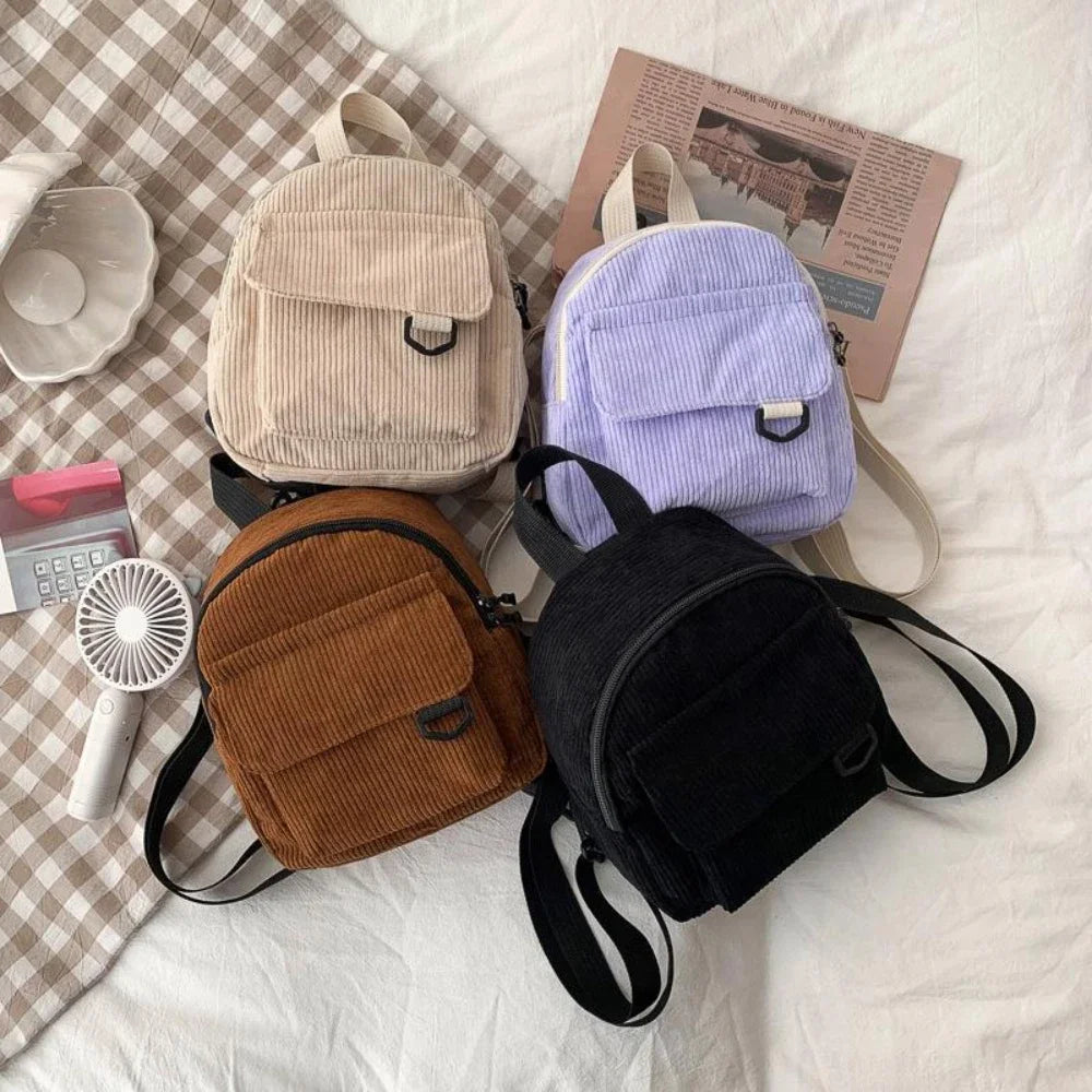 Women's Mini Backpack Fashion Solid Color Corduroy Small Simple Casual Traveling Large Capacity Durable Female's Schoolbag - Clikcy
