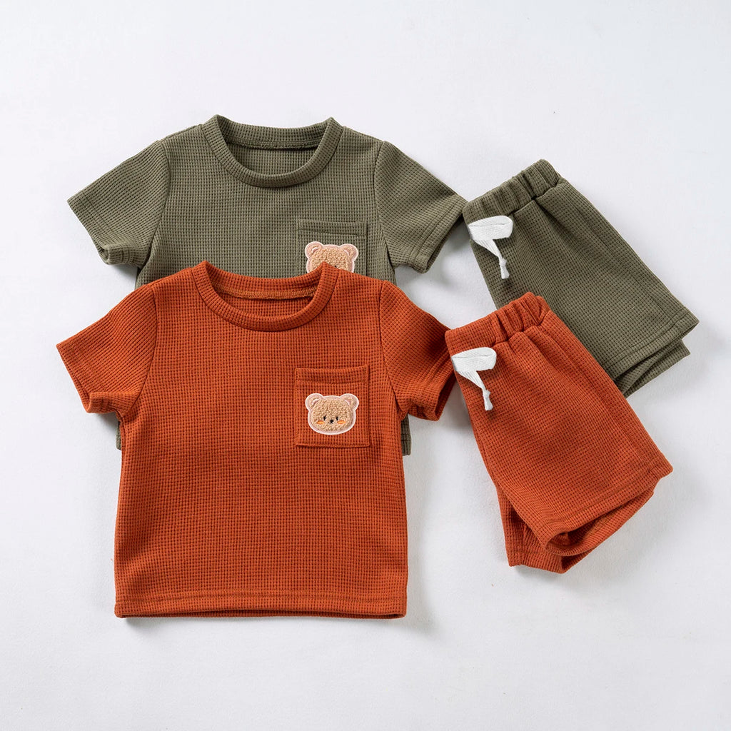 Kids Suit Summer Boys Girls Solid Colour Suit 0-6Y Cute Bear Short Sleeve + Breathable Shorts 2pcs Comfortable and Skin-friendly - Clikcy