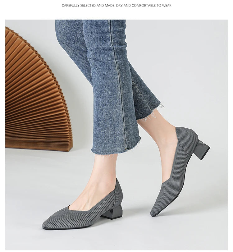 Women's large high-heeled shoes Multicolor pointy knit breathable comfortable anti-skid rubber sole work shoes 2023 new autumn - Clikcy