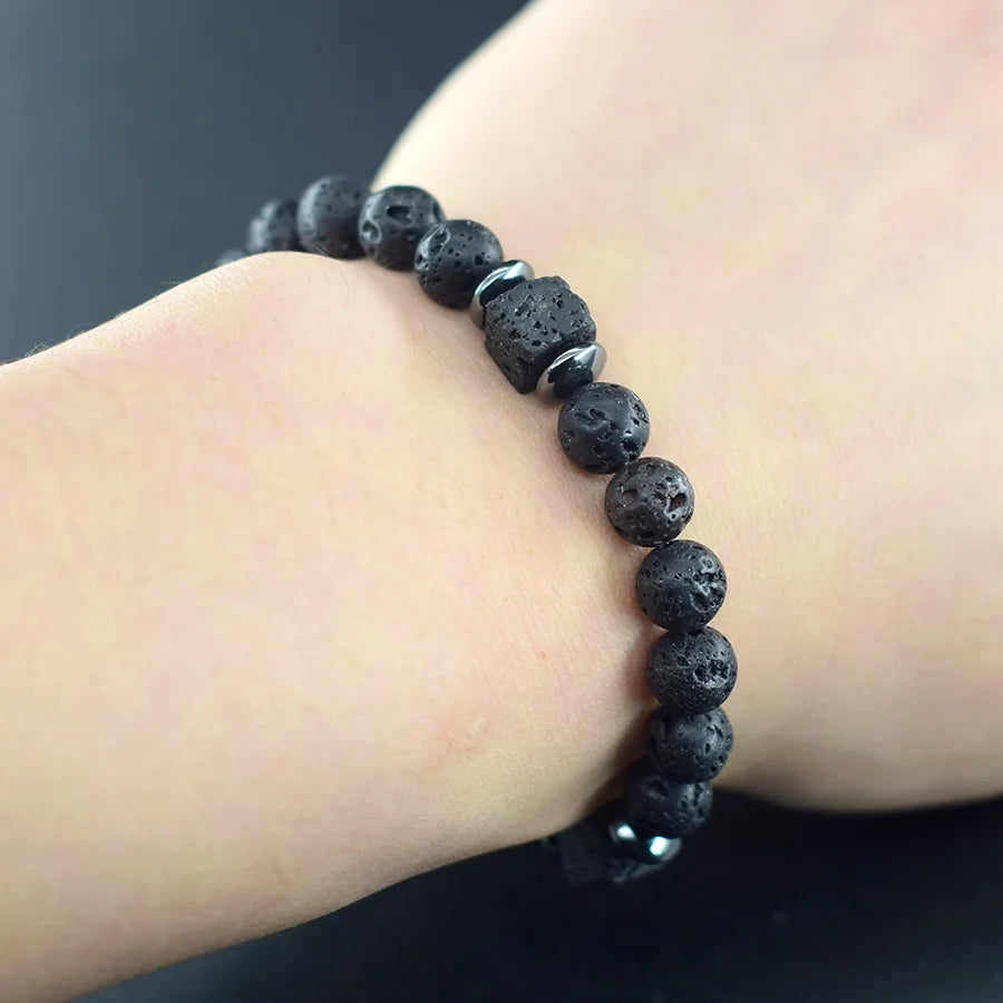 New Fashion Natural Stone Bracelet Men 8mm Onyx Lava Obsidian Strand Braclet Healing Beaded Bracelet Leisure Pulsera Accessories - Clikcy