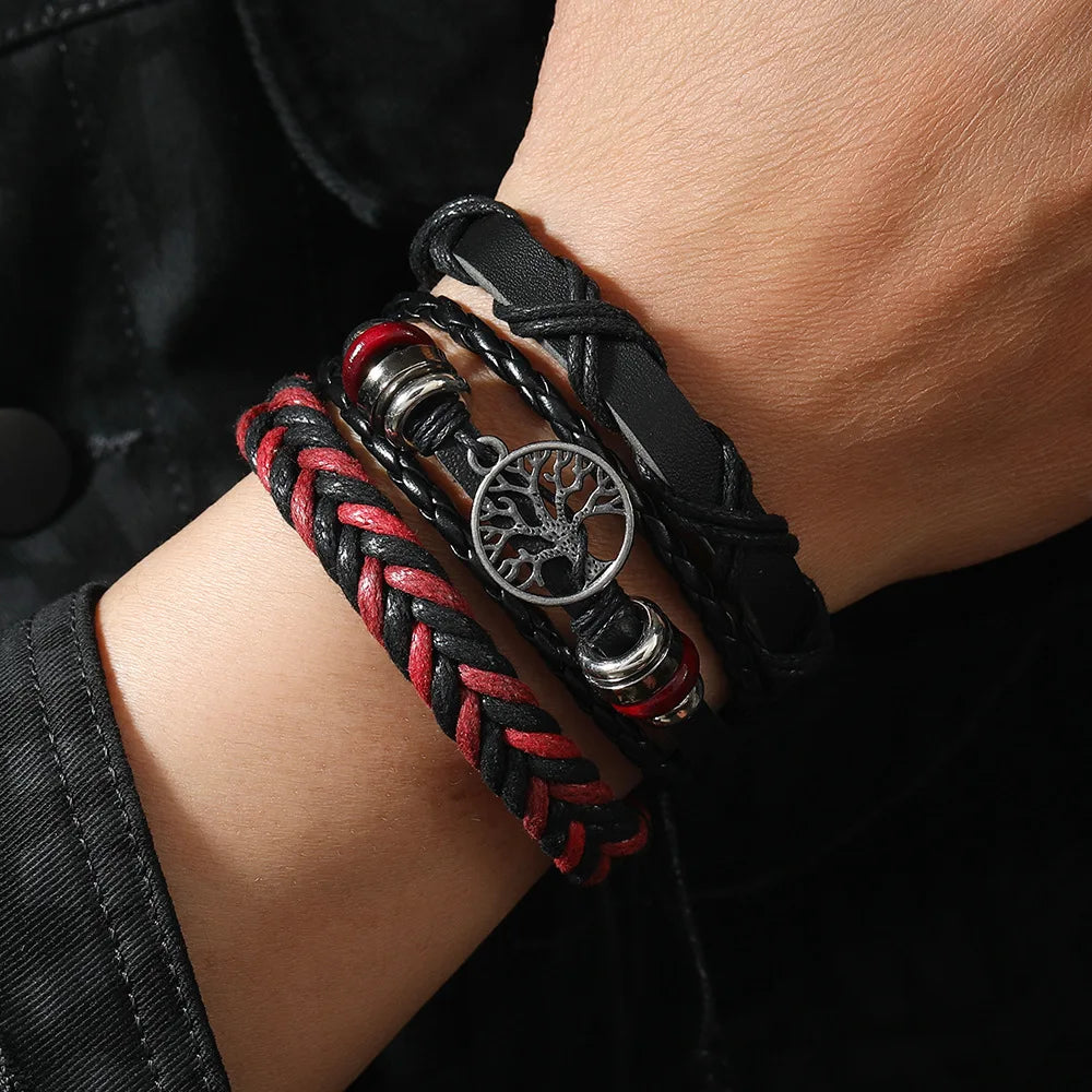 Red 6 Pc/set Tree Black Wrap Woven Handmade Wood Beads Bracelets Male Women Leather Bracelets Men Bangle Wholesale Jewelry Gift - Clikcy